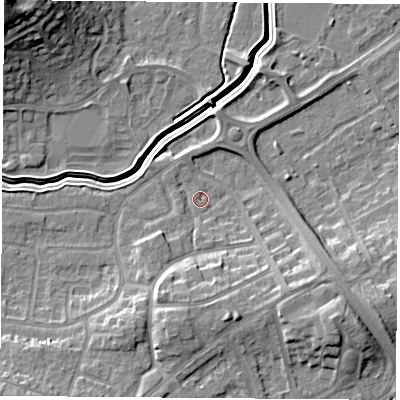 Shaded relief map of the ground around LE114LN, computed from Environment Agency LiDAR. The ground here sits at about 41 m above sea level and falls 21 m across the surrounding 800 m. Surface water reaching this point runs off ground lying to the south-south-west, 7.2 m higher.