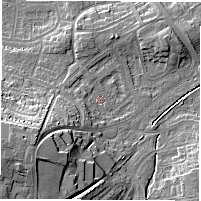 Shaded relief map of the ground around LE114LQ, computed from Environment Agency LiDAR. The ground here sits at about 45 m above sea level and falls 25 m across the surrounding 800 m. Surface water reaching this point runs off ground lying to the south-west, 4.8 m higher.