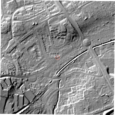 Shaded relief map of the ground around LE114LT, computed from Environment Agency LiDAR. The ground here sits at about 44 m above sea level and falls 23 m across the surrounding 800 m. Surface water reaching this point runs off ground lying to the west-south-west, 8.5 m higher.