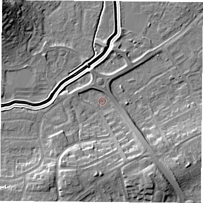 Shaded relief map of the ground around LE114LW, computed from Environment Agency LiDAR. The ground here sits at about 40 m above sea level and falls 18 m across the surrounding 800 m. Surface water reaching this point runs off ground lying to the south, 8.3 m higher.