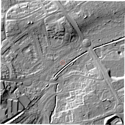 Shaded relief map of the ground around LE114LZ, computed from Environment Agency LiDAR. The ground here sits at about 44 m above sea level and falls 22 m across the surrounding 800 m. Surface water reaching this point runs off ground lying to the west-south-west, 18.3 m higher.