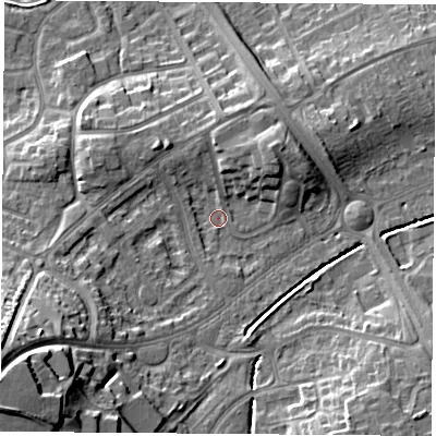 Shaded relief map of the ground around LE114NE, computed from Environment Agency LiDAR. The ground here sits at about 44 m above sea level and falls 26 m across the surrounding 800 m. Surface water reaching this point runs off ground lying to the south-west, 7.0 m higher.