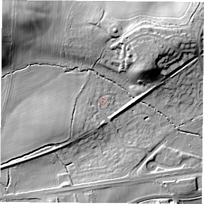 Shaded relief map of the ground around LE114NY, computed from Environment Agency LiDAR. The ground here sits at about 62 m above sea level and falls 21 m across the surrounding 800 m. Surface water reaching this point runs off ground lying to the north-west, 18.5 m higher.