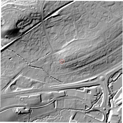 Shaded relief map of the ground around LE114PD, computed from Environment Agency LiDAR. The ground here sits at about 59 m above sea level and falls 22 m across the surrounding 800 m. Surface water reaching this point runs off ground lying to the north-east, 3.3 m higher.