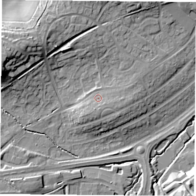 Shaded relief map of the ground around LE114PQ, computed from Environment Agency LiDAR. The ground here sits at about 60 m above sea level and falls 23 m across the surrounding 800 m. Surface water reaching this point runs off ground lying to the south, 2.6 m higher.