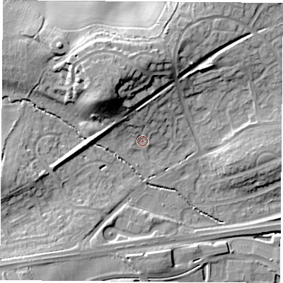 Shaded relief map of the ground around LE114PR, computed from Environment Agency LiDAR. The ground here sits at about 58 m above sea level and falls 21 m across the surrounding 800 m. Surface water reaching this point runs off ground lying to the north-north-west, 8.8 m higher.