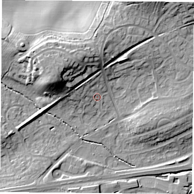 Shaded relief map of the ground around LE114PS, computed from Environment Agency LiDAR. The ground here sits at about 60 m above sea level and falls 21 m across the surrounding 800 m. Surface water reaching this point runs off ground lying to the north-north-west, 4.8 m higher.
