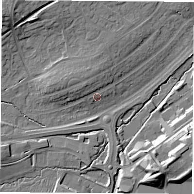 Shaded relief map of the ground around LE114PW, computed from Environment Agency LiDAR. The ground here sits at about 57 m above sea level and falls 20 m across the surrounding 800 m. Surface water reaching this point runs off ground lying to the north-west, 3.6 m higher.