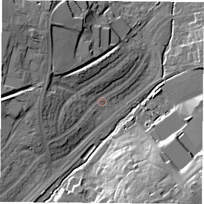 Shaded relief map of the ground around LE114PZ, computed from Environment Agency LiDAR. The ground here sits at about 50 m above sea level and falls 27 m across the surrounding 800 m. Surface water reaching this point runs off ground lying to the west, 10.3 m higher.