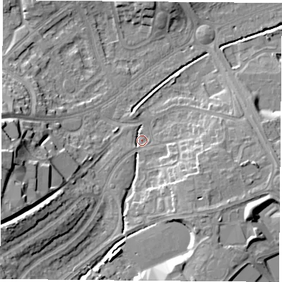 Shaded relief map of the ground around LE114QA, computed from Environment Agency LiDAR. The ground here sits at about 45 m above sea level and falls 23 m across the surrounding 800 m. Surface water reaching this point runs off ground lying to the south-west, 13.9 m higher.