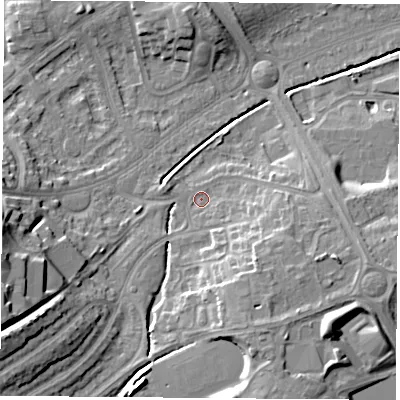 Shaded relief map of the ground around LE114QB, computed from Environment Agency LiDAR. The ground here sits at about 45 m above sea level and falls 20 m across the surrounding 800 m. Surface water reaching this point runs off ground lying to the south-west, 13.9 m higher.