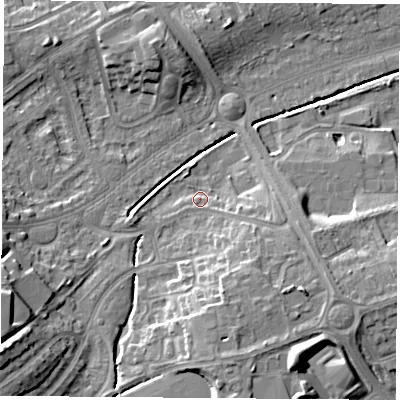 Shaded relief map of the ground around LE114QD, computed from Environment Agency LiDAR. The ground here sits at about 45 m above sea level and falls 18 m across the surrounding 800 m. Surface water reaching this point runs off ground lying to the south-east, 6.9 m higher.