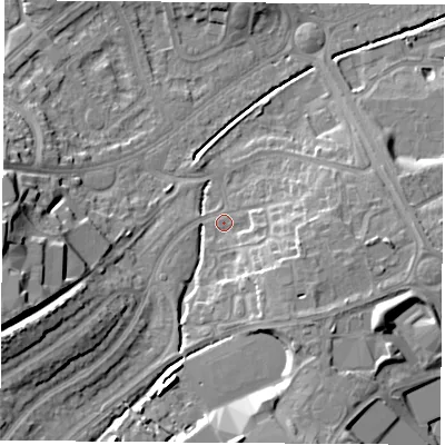 Shaded relief map of the ground around LE114QL, computed from Environment Agency LiDAR. The ground here sits at about 46 m above sea level and falls 22 m across the surrounding 800 m. Surface water reaching this point runs off ground lying to the west-south-west, 13.9 m higher.