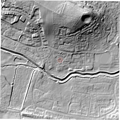 Shaded relief map of the ground around LE114QW, computed from Environment Agency LiDAR. The ground here sits at about 43 m above sea level and falls 23 m across the surrounding 800 m. Surface water reaching this point runs off ground lying to the north, 17.6 m higher.