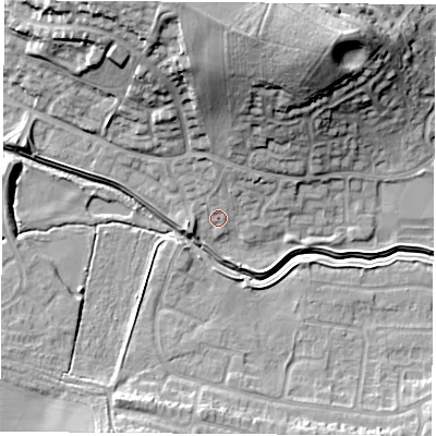 Shaded relief map of the ground around LE114QX, computed from Environment Agency LiDAR. The ground here sits at about 43 m above sea level and falls 22 m across the surrounding 800 m. Surface water reaching this point runs off ground lying to the north-north-west, 19.2 m higher.