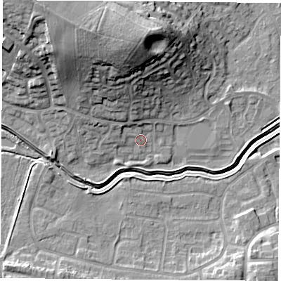Shaded relief map of the ground around LE114RL, computed from Environment Agency LiDAR. The ground here sits at about 42 m above sea level and falls 24 m across the surrounding 800 m. Surface water reaching this point runs off ground lying to the north-north-west, 18.7 m higher.
