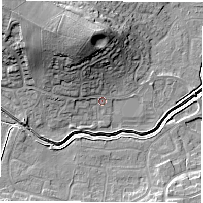 Shaded relief map of the ground around LE114RZ, computed from Environment Agency LiDAR. The ground here sits at about 42 m above sea level and falls 24 m across the surrounding 800 m. Surface water reaching this point runs off ground lying to the north-west, 4.7 m higher.