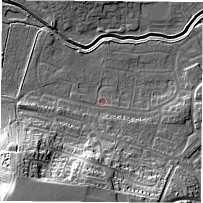 Shaded relief map of the ground around LE114TD, computed from Environment Agency LiDAR. The ground here sits at about 43 m above sea level and falls 32 m across the surrounding 800 m. Surface water reaching this point runs off ground lying to the south-west, 28.6 m higher.