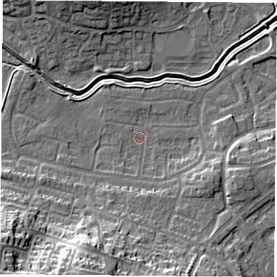 Shaded relief map of the ground around LE114TL, computed from Environment Agency LiDAR. The ground here sits at about 42 m above sea level and falls 31 m across the surrounding 800 m. Surface water reaching this point runs off ground lying to the south-south-west, 23.2 m higher.