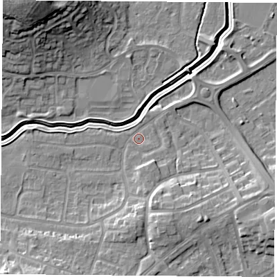 Shaded relief map of the ground around LE114TN, computed from Environment Agency LiDAR. The ground here sits at about 41 m above sea level and falls 22 m across the surrounding 800 m. Surface water reaching this point runs off ground lying to the south-west, 8.5 m higher.