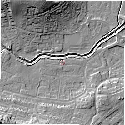 Shaded relief map of the ground around LE114TP, computed from Environment Agency LiDAR. The ground here sits at about 42 m above sea level and falls 21 m across the surrounding 800 m. Surface water reaching this point runs off ground lying to the west-north-west, 1.6 m higher.