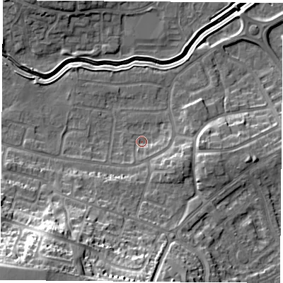 Shaded relief map of the ground around LE114TQ, computed from Environment Agency LiDAR. The ground here sits at about 42 m above sea level and falls 31 m across the surrounding 800 m. Surface water reaching this point runs off ground lying to the south-east, 5.4 m higher.