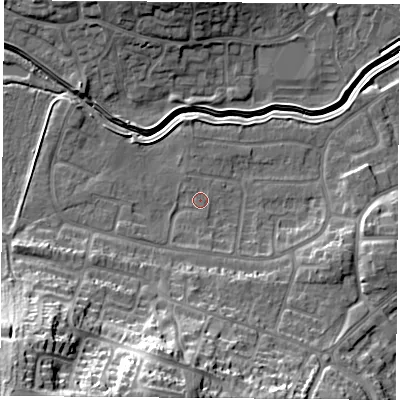 Shaded relief map of the ground around LE114TS, computed from Environment Agency LiDAR. The ground here sits at about 42 m above sea level and falls 31 m across the surrounding 800 m. Surface water reaching this point runs off ground lying to the south-west, 28.2 m higher.