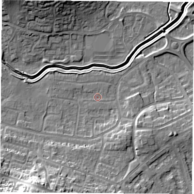 Shaded relief map of the ground around LE114TW, computed from Environment Agency LiDAR. The ground here sits at about 41 m above sea level and falls 25 m across the surrounding 800 m. Surface water reaching this point runs off ground lying to the south-west, 20.7 m higher.