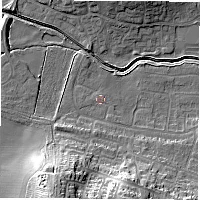 Shaded relief map of the ground around LE114TY, computed from Environment Agency LiDAR. The ground here sits at about 43 m above sea level and falls 30 m across the surrounding 800 m. Surface water reaching this point runs off ground lying to the south-south-west, 25.1 m higher.