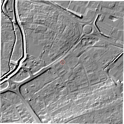 Shaded relief map of the ground around LE114UG, computed from Environment Agency LiDAR. The ground here sits at about 39 m above sea level and falls 9 m across the surrounding 800 m. Surface water reaching this point runs off ground lying to the west-south-west, 0.6 m higher.