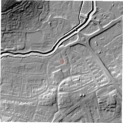 Shaded relief map of the ground around LE114UQ, computed from Environment Agency LiDAR. The ground here sits at about 41 m above sea level and falls 22 m across the surrounding 800 m. Surface water reaching this point runs off ground lying to the south-south-east, 1.2 m higher.