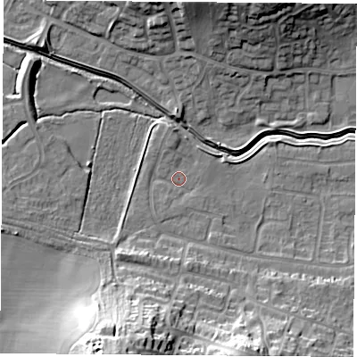Shaded relief map of the ground around LE114UR, computed from Environment Agency LiDAR. The ground here sits at about 43 m above sea level and falls 28 m across the surrounding 800 m. Surface water reaching this point runs off ground lying to the north, 1.9 m higher.