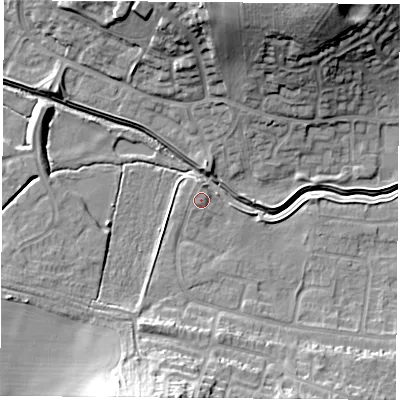 Shaded relief map of the ground around LE114UY, computed from Environment Agency LiDAR. The ground here sits at about 44 m above sea level and falls 20 m across the surrounding 800 m. Surface water reaching this point runs off ground lying to the north, 1.1 m higher.