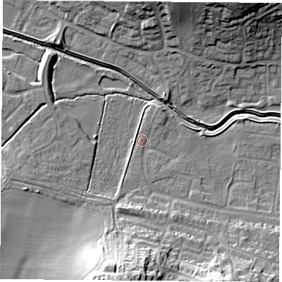 Shaded relief map of the ground around LE114UZ, computed from Environment Agency LiDAR. The ground here sits at about 43 m above sea level and falls 26 m across the surrounding 800 m. Surface water reaching this point runs off ground lying to the north-north-east, 1.9 m higher.
