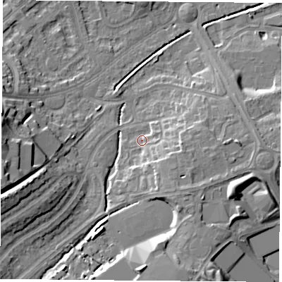 Shaded relief map of the ground around LE114WH, computed from Environment Agency LiDAR. The ground here sits at about 46 m above sea level and falls 20 m across the surrounding 800 m. Surface water reaching this point runs off ground lying to the south-east, 6.7 m higher.