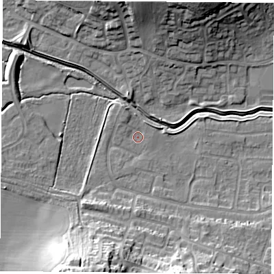 Shaded relief map of the ground around LE114XA, computed from Environment Agency LiDAR. The ground here sits at about 43 m above sea level and falls 26 m across the surrounding 800 m. Surface water reaching this point runs off ground lying to the north-north-west, 1.8 m higher.