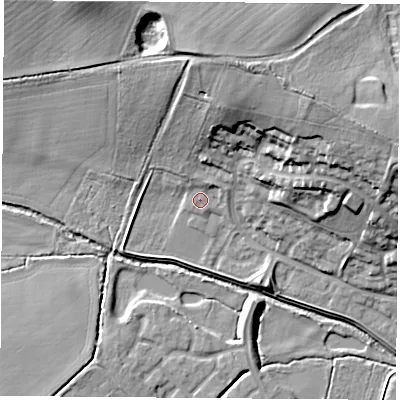 Shaded relief map of the ground around LE114ZH, computed from Environment Agency LiDAR. The ground here sits at about 45 m above sea level and falls 24 m across the surrounding 800 m. Surface water reaching this point runs off ground lying to the north-north-east, 20.4 m higher.