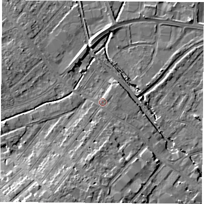 Shaded relief map of the ground around LE115AE, computed from Environment Agency LiDAR. The ground here sits at about 41 m above sea level and falls 12 m across the surrounding 800 m. Surface water reaching this point runs off ground lying to the south-south-west, 7.8 m higher.