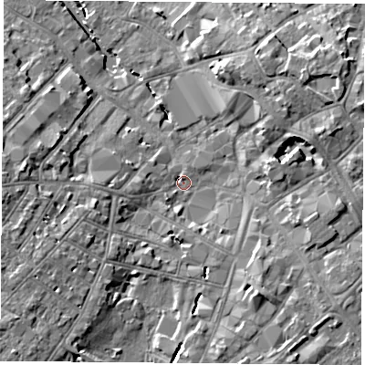 Shaded relief map of the ground around LE115AL, computed from Environment Agency LiDAR. The ground here sits at about 41 m above sea level and falls 10 m across the surrounding 800 m. Surface water reaching this point runs off ground lying to the south-west, 7.7 m higher.