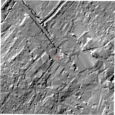 Shaded relief map of the ground around LE115AP, computed from Environment Agency LiDAR. The ground here sits at about 40 m above sea level and falls 11 m across the surrounding 800 m. Surface water reaching this point runs off ground lying to the west-south-west, 8.8 m higher.
