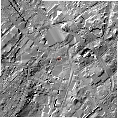 Shaded relief map of the ground around LE115AY, computed from Environment Agency LiDAR. The ground here sits at about 41 m above sea level and falls 9 m across the surrounding 800 m. Surface water reaching this point runs off ground lying to the north-east, 4.9 m higher.