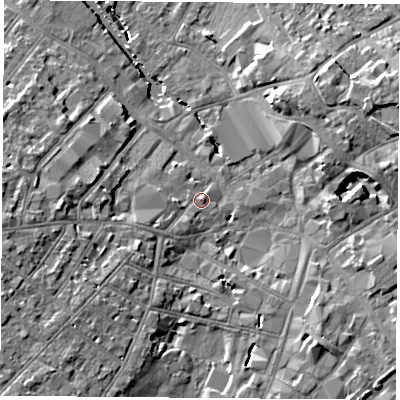 Shaded relief map of the ground around LE115AZ, computed from Environment Agency LiDAR. The ground here sits at about 42 m above sea level and falls 10 m across the surrounding 800 m. Surface water reaching this point runs off ground lying to the west-south-west, 2.7 m higher.
