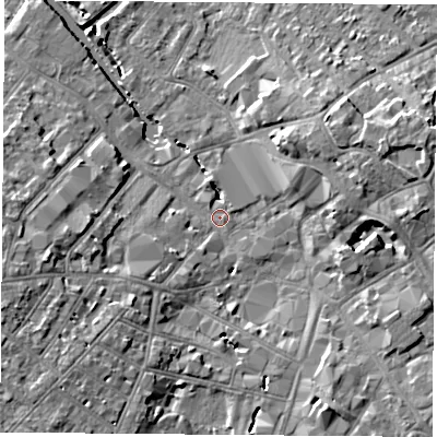 Shaded relief map of the ground around LE115BE, computed from Environment Agency LiDAR. The ground here sits at about 41 m above sea level and falls 9 m across the surrounding 800 m. Surface water reaching this point runs off ground lying to the south-west, 7.6 m higher.