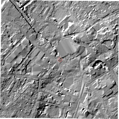 Shaded relief map of the ground around LE115BG, computed from Environment Agency LiDAR. The ground here sits at about 41 m above sea level and falls 9 m across the surrounding 800 m. Surface water reaching this point runs off ground lying to the east-north-east, 5.1 m higher.
