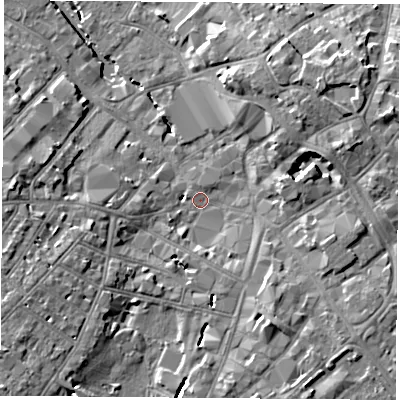 Shaded relief map of the ground around LE115BJ, computed from Environment Agency LiDAR. The ground here sits at about 41 m above sea level and falls 10 m across the surrounding 800 m. Surface water reaching this point runs off ground lying to the south-west, 7.3 m higher.