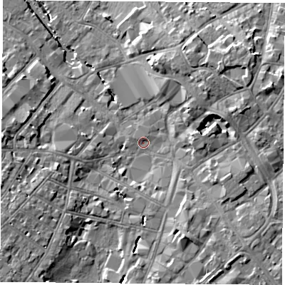 Shaded relief map of the ground around LE115BL, computed from Environment Agency LiDAR. The ground here sits at about 41 m above sea level and falls 9 m across the surrounding 800 m. Surface water reaching this point runs off ground lying to the north-east, 4.9 m higher.