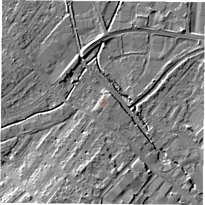 Shaded relief map of the ground around LE115BQ, computed from Environment Agency LiDAR. The ground here sits at about 41 m above sea level and falls 11 m across the surrounding 800 m. Surface water reaching this point runs off ground lying to the south-south-east, 1.9 m higher.