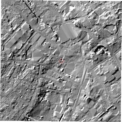 Shaded relief map of the ground around LE115BU, computed from Environment Agency LiDAR. The ground here sits at about 41 m above sea level and falls 10 m across the surrounding 800 m. Surface water reaching this point runs off ground lying to the south-west, 7.7 m higher.