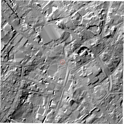 Shaded relief map of the ground around LE115BY, computed from Environment Agency LiDAR. The ground here sits at about 41 m above sea level and falls 8 m across the surrounding 800 m. Surface water reaching this point runs off ground lying to the north-east, 4.9 m higher.
