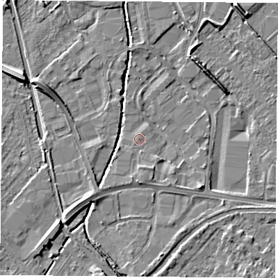 Shaded relief map of the ground around LE115DD, computed from Environment Agency LiDAR. The ground here sits at about 38 m above sea level and falls 7 m across the surrounding 800 m. Surface water reaching this point runs off ground lying to the south, 1.6 m higher.